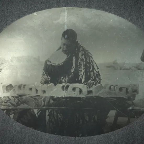 Tene Waitere carving a Poupou (wall panel) Glass plate negative