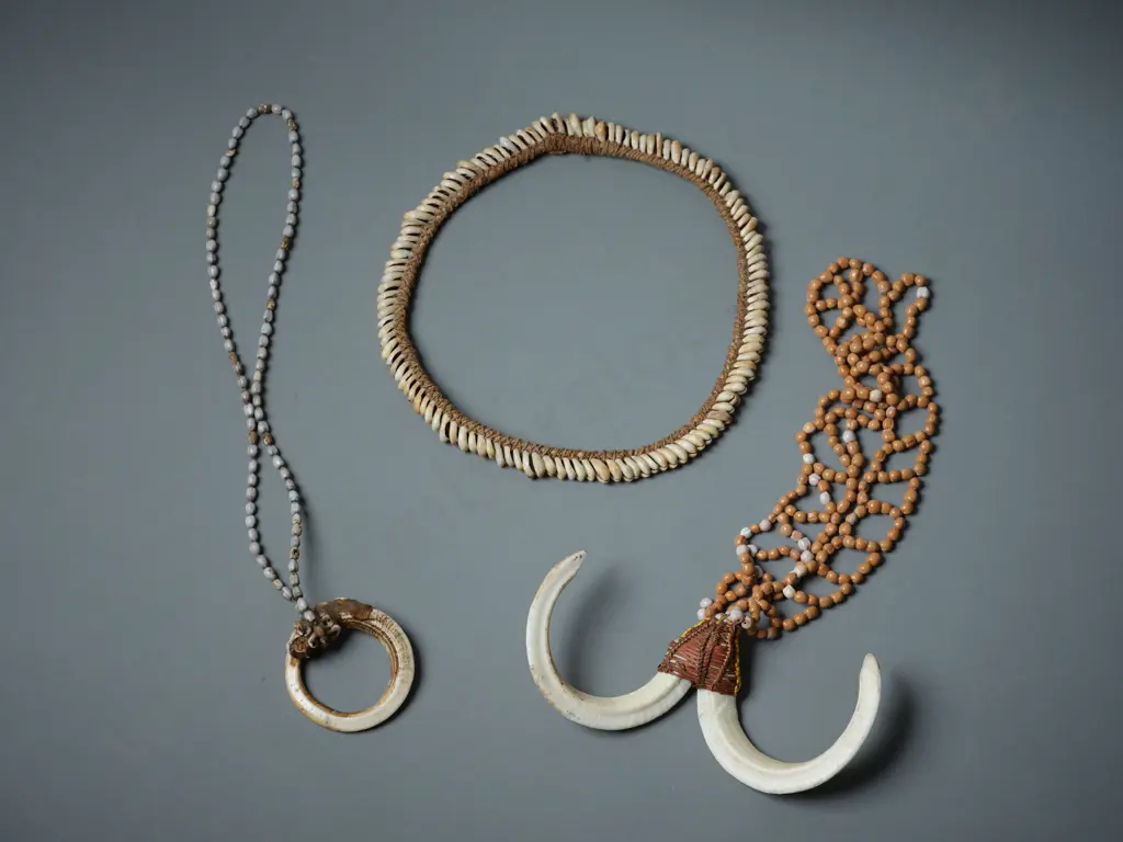 Two Papua New Guinea Boars Tusk Pendants and a Cowrie Shell Necklace Image 1++