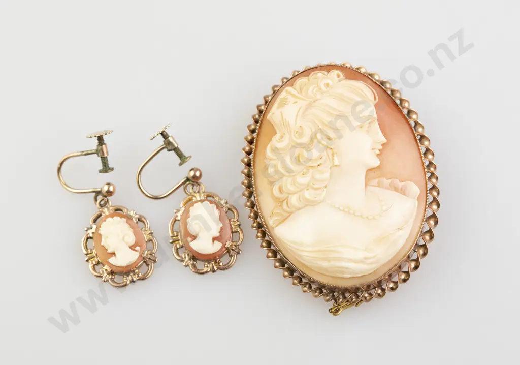 9ct Framed Classical Portrait Cameo Brooch and Earrings Image 1++