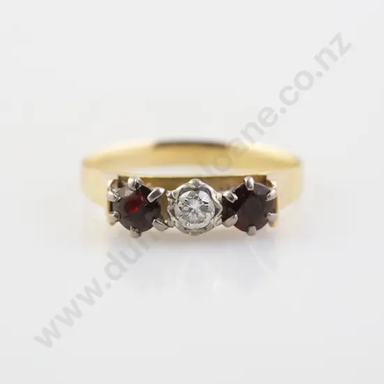 18ct Three Stone Diamond and Garnet Bridge Ring