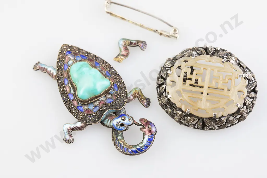 Vintage Chinese S/S Jade Panel Brooch Image 1++