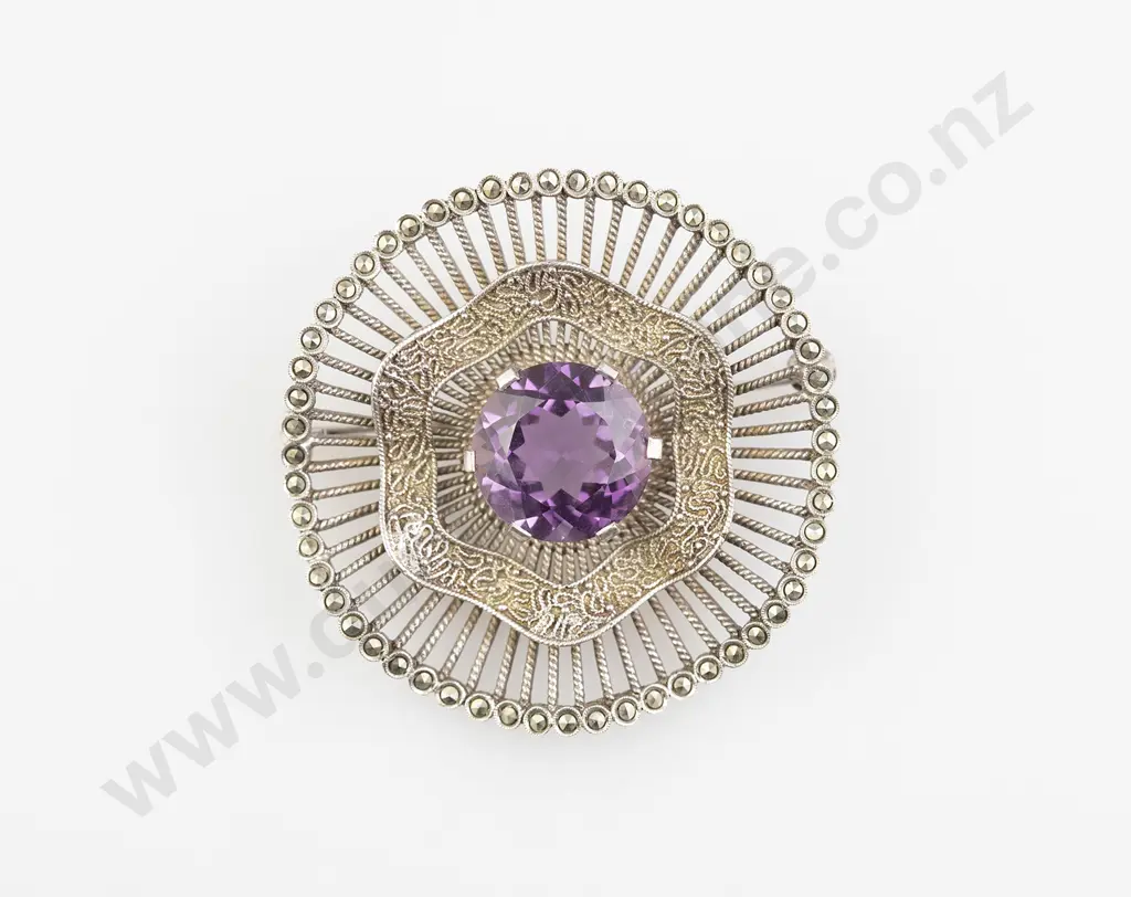 Vintage German Sterling Marcasite and Amethyst Brooch Image 1++