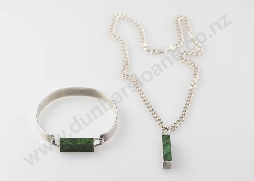 African .925 Silver and Malachite Bangle and Pendant Image 1++