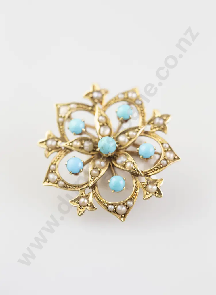 Edwardian 15ct Turquoise and Pearl Star Burst Brooch/Pendant Image 1++