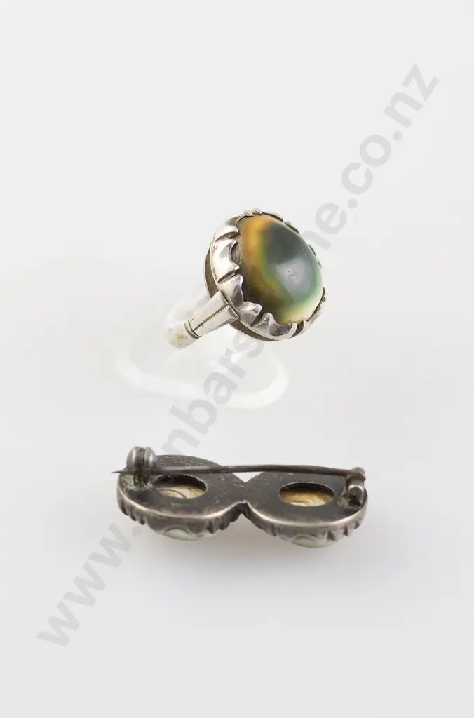 Colonial Silver Mounted 'Cats Eye' Ring and Brooch Image 1++