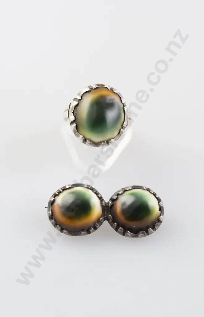 Colonial Silver Mounted 'Cats Eye' Ring and Brooch Image 1++