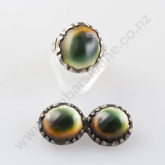 Colonial Silver Mounted 'Cats Eye' Ring and Brooch