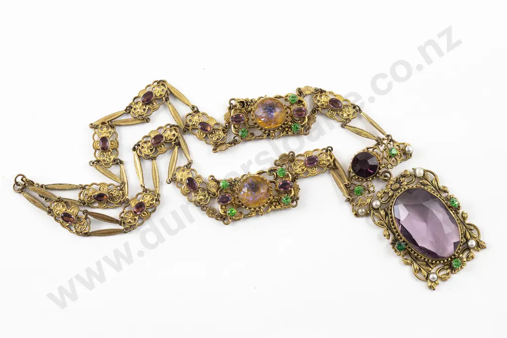 Vintage Czech Gilt Metal and Glass Gem Necklace Image 1++