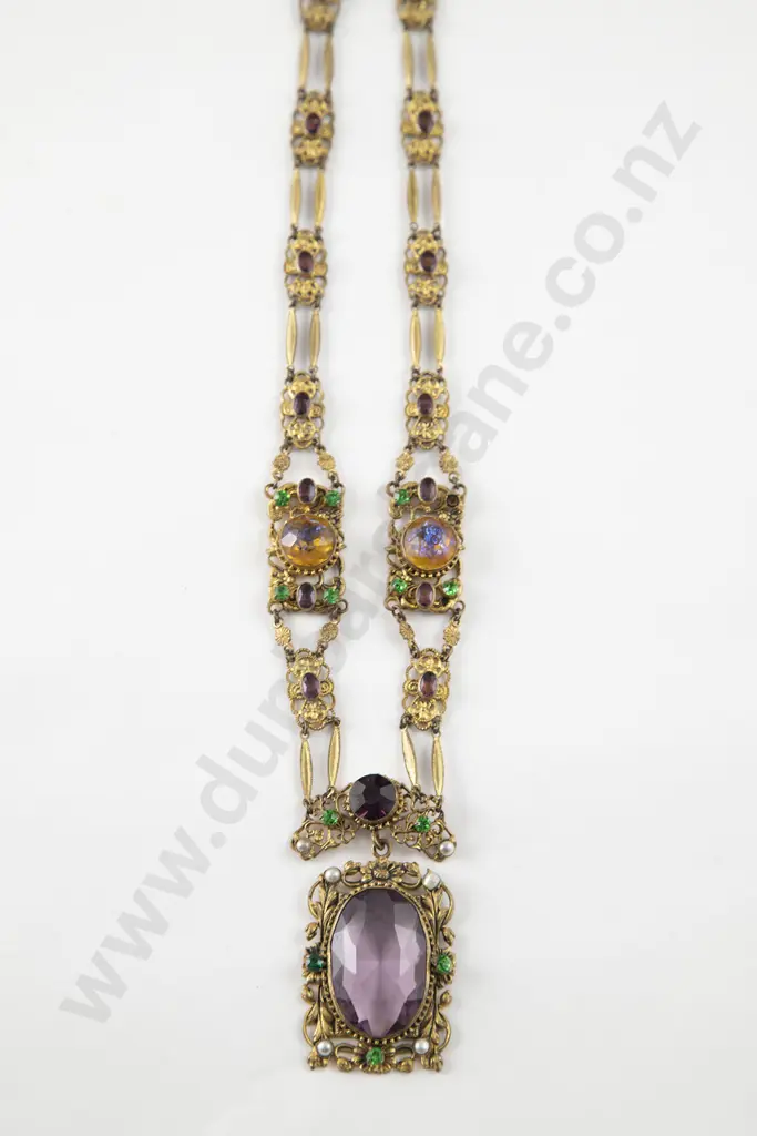 Vintage Czech Gilt Metal and Glass Gem Necklace Image 1++