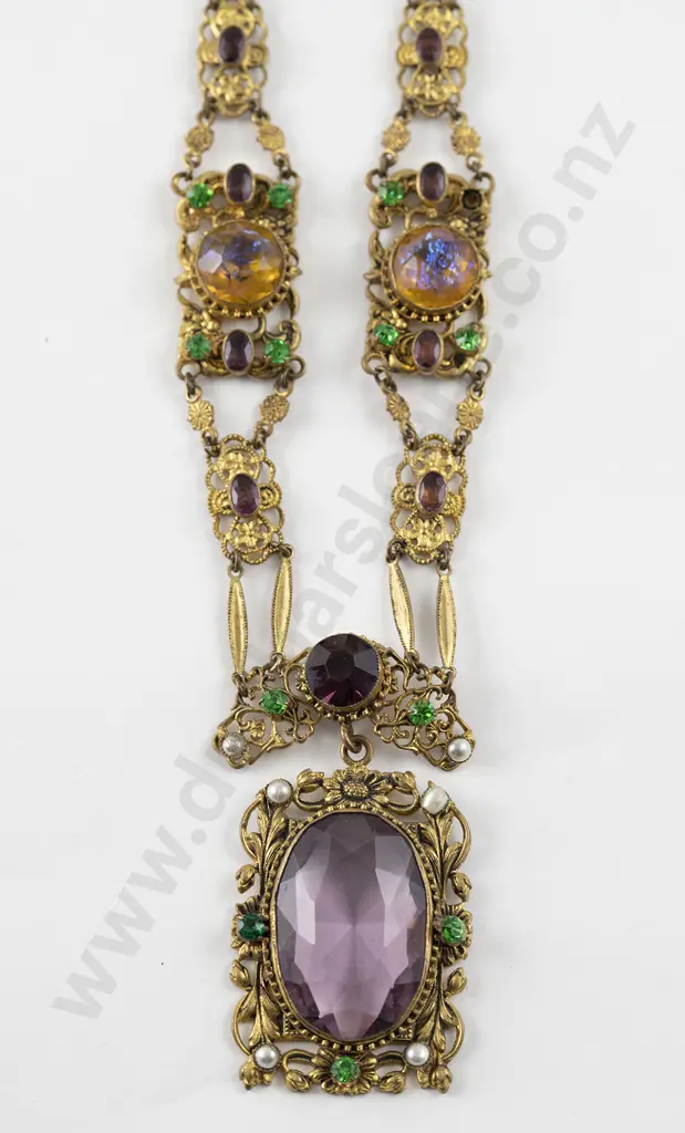 Vintage Czech Gilt Metal and Glass Gem Necklace Image 1++