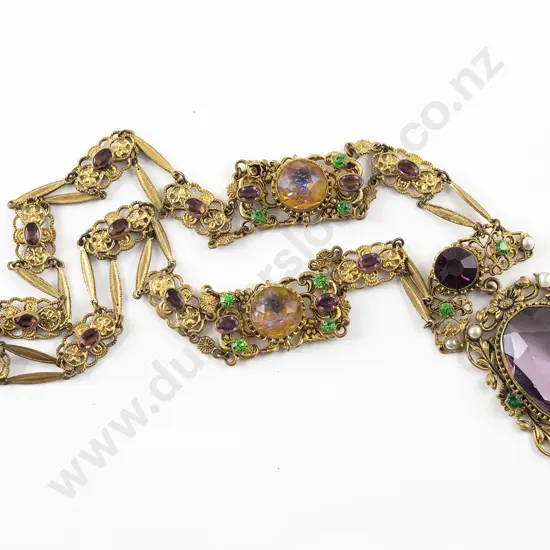 Vintage Czech Gilt Metal and Glass Gem Necklace