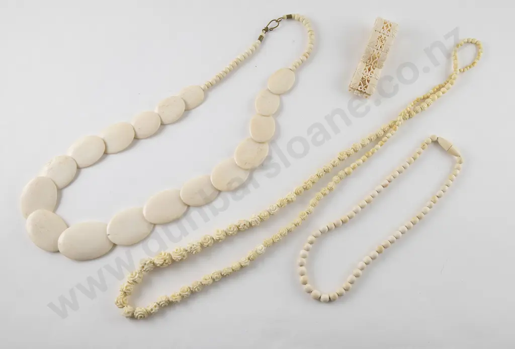 Three Bone and Ivory Bead Necklaces and Bracelet Image 1++