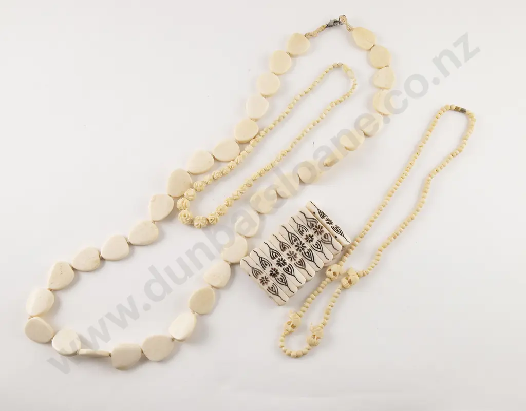 Three Bone and Ivory Bead Necklaces and Bracelet Image 1++