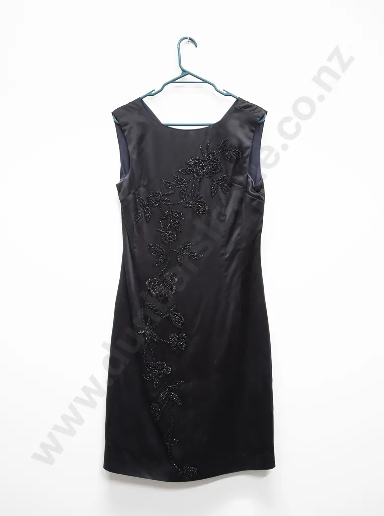 Vintage Black Beaded Satin A-Line Cocktail Dress Image 1++