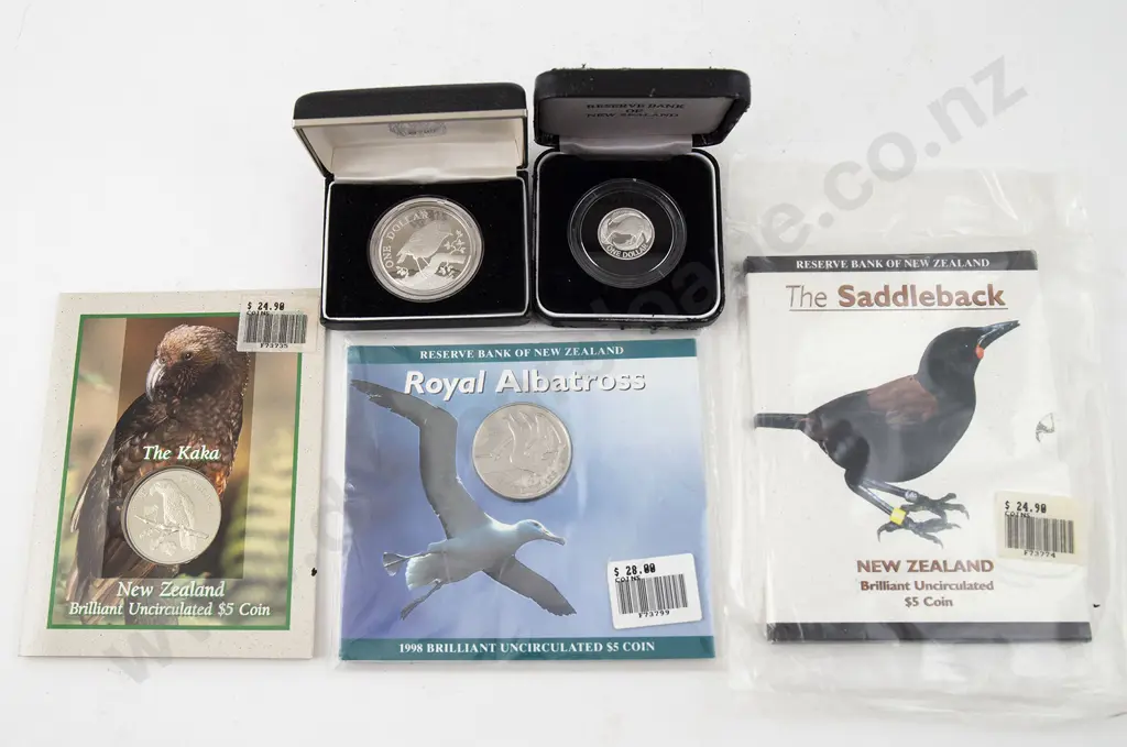 NZ Proof Two Silver Dollars and Three Unic Five Dollars Image 1++