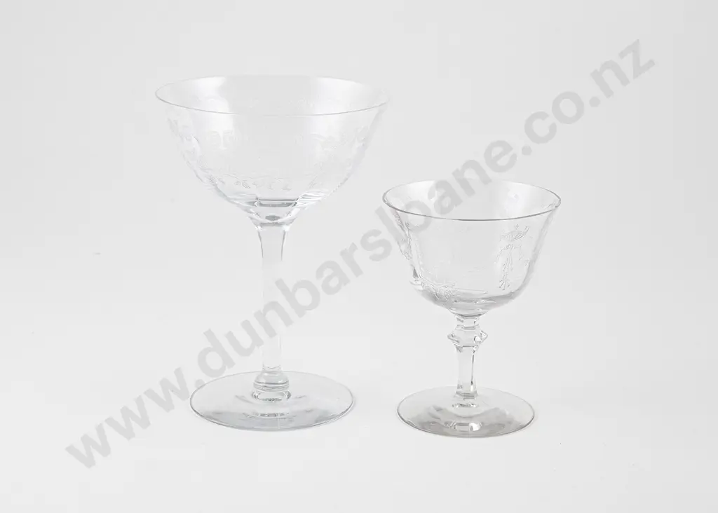 Set Seven Edwardian Etched Glass Champagne Goblets Image 1++