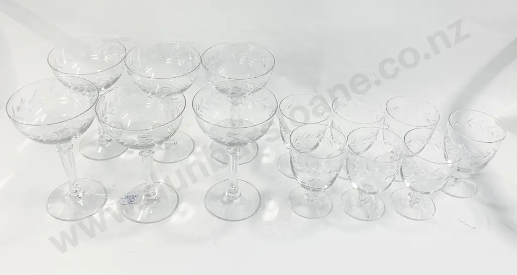 Set Six Early C20th Etched Bowl Champagne Goblets Image 1++