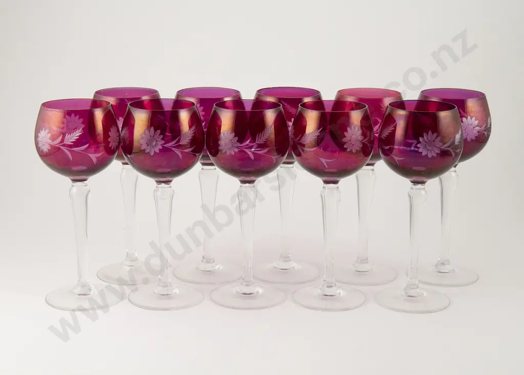 Set Ten Mid C20th Venetian Flash Cut Cranberry Hock Glasses Image 1++
