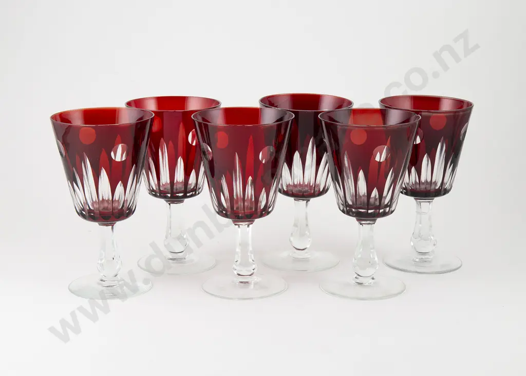 Set Six Mid C20th Ruby Flash Cut Wine Glasses Image 1++