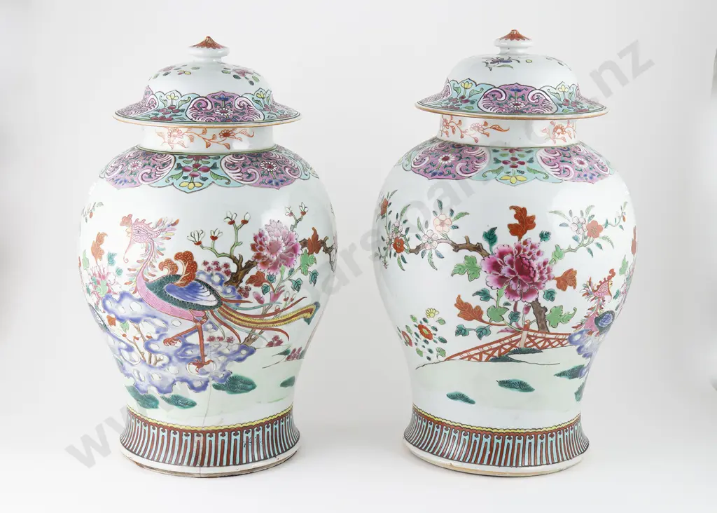 Large Pair Cantonese Famille Rose Export Ware Ginger Jar & Covers Image 1++