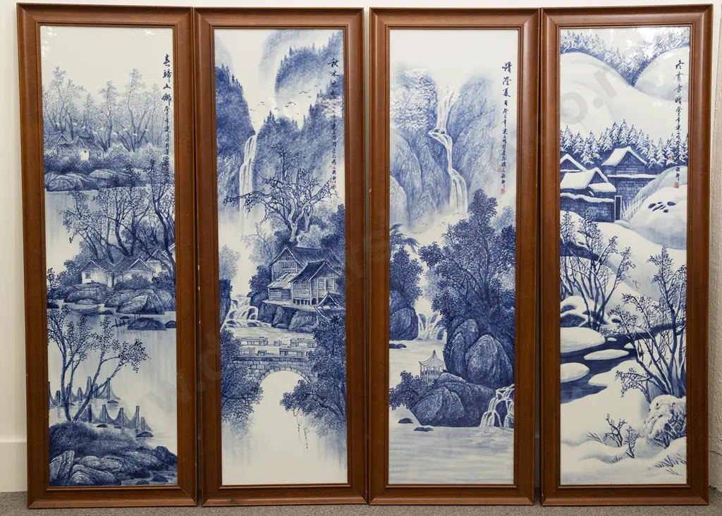 Set Four Framed Chinese Porcelain Panels Image 1++