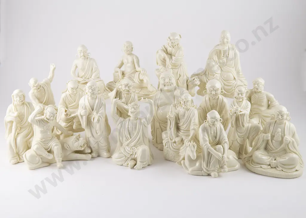 Set of 18 Chinese Cream Glazed Porcelain Figures Of Immortals Image 1++