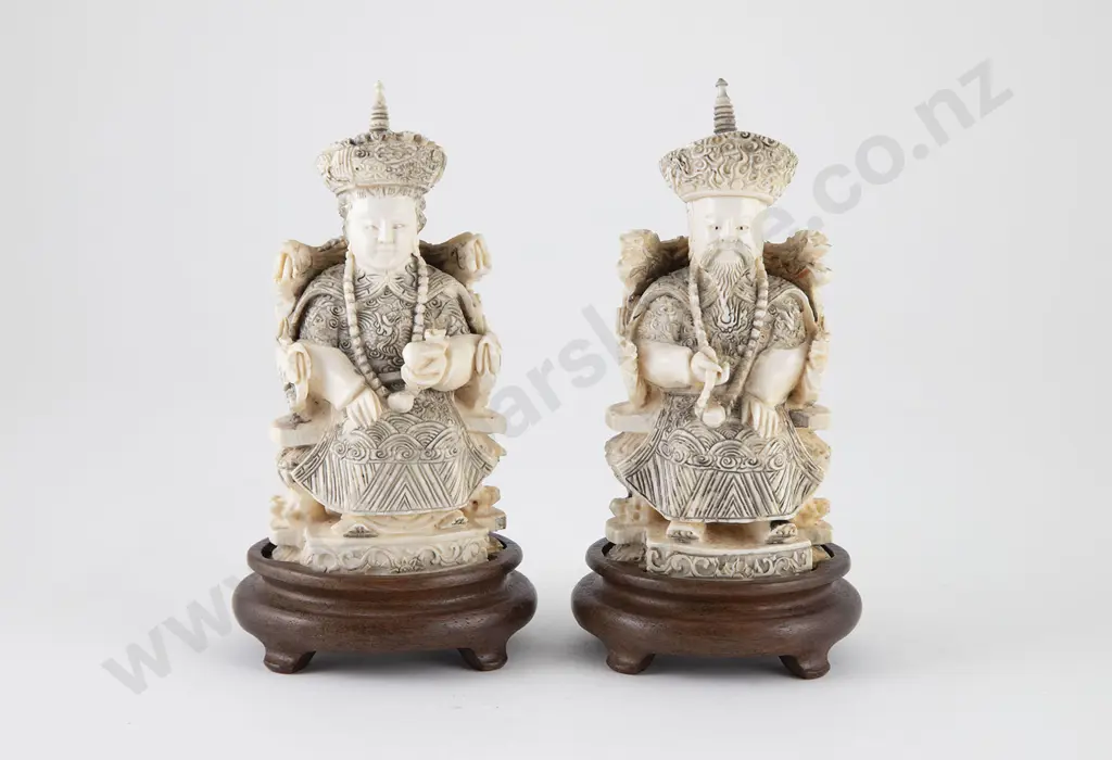 Pair Chinese Carved Antique Ivory Figures of Emperor & Empress Image 1++