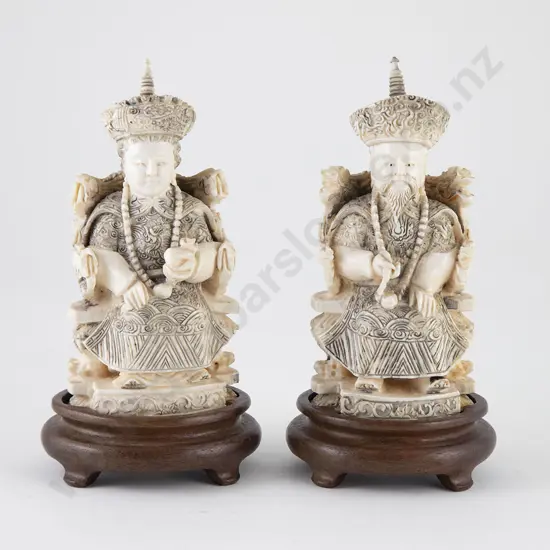 Pair Chinese Carved Antique Ivory Figures of Emperor & Empress