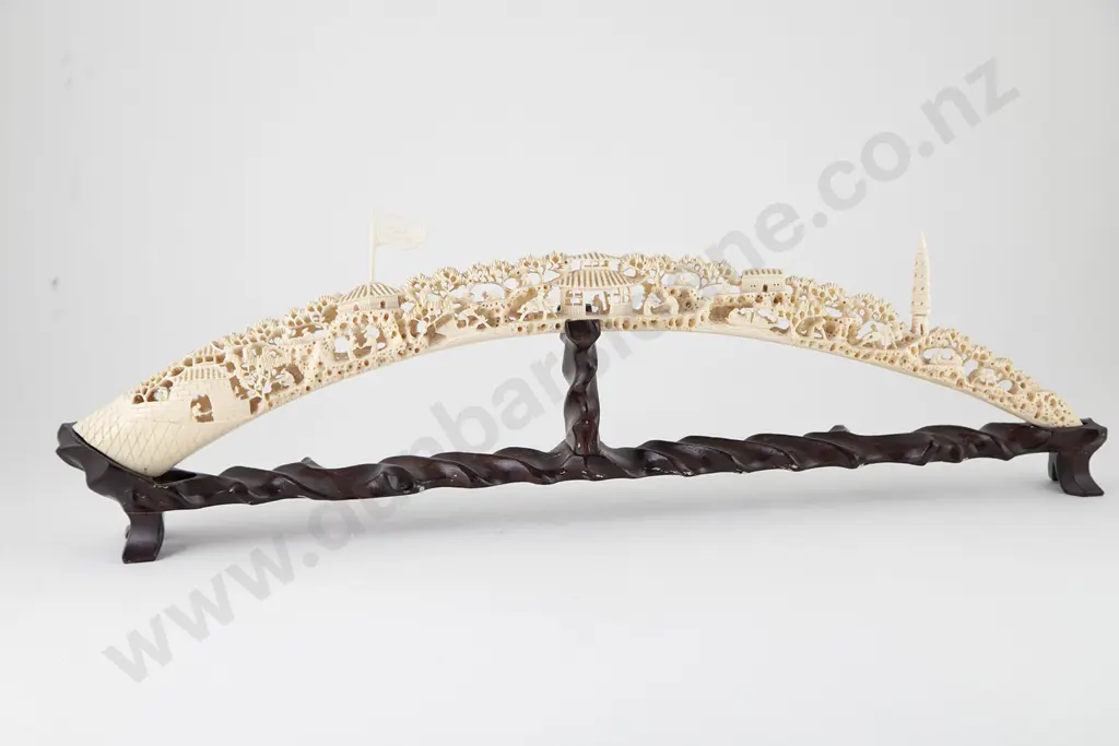Ornately Carved Antique Ivory Tusk Bridge on Stand Image 1++