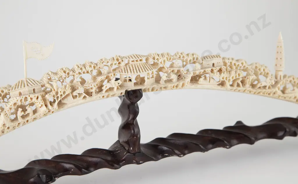 Ornately Carved Antique Ivory Tusk Bridge on Stand Image 1++