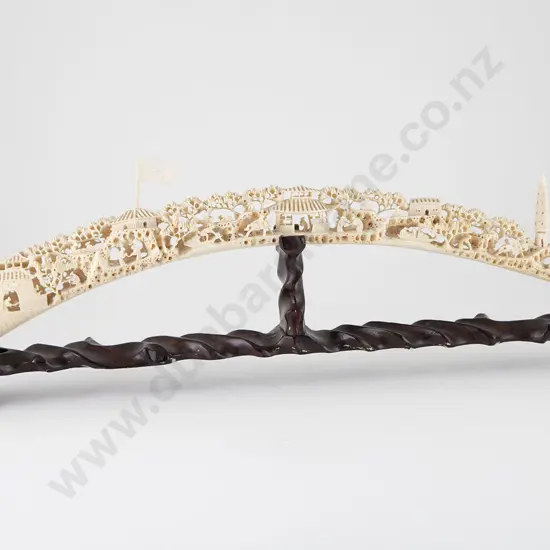 Ornately Carved Antique Ivory Tusk Bridge on Stand