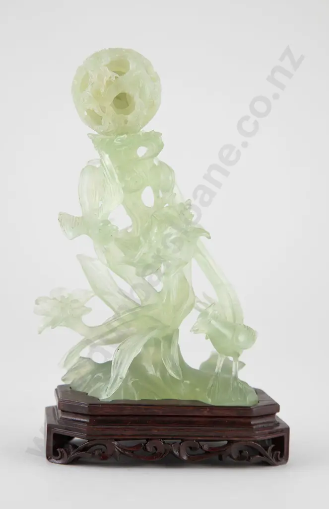Carved Celadon Jade Puzzle Ball & Birds Ornament Image 1++