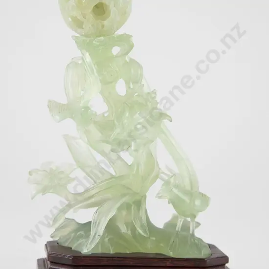Carved Celadon Jade Puzzle Ball & Birds Ornament