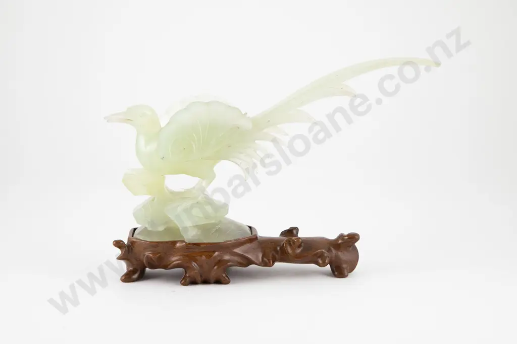 Carved Celadon Jade Long Tailed Pheasant Image 1++