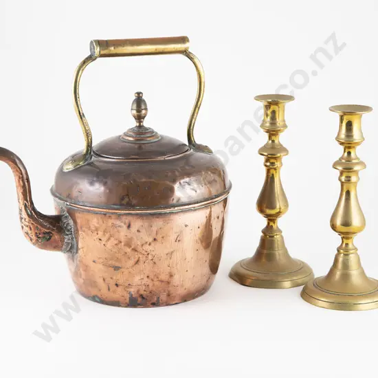 Vict Copper Kettle & Pair Brass Candlesticks