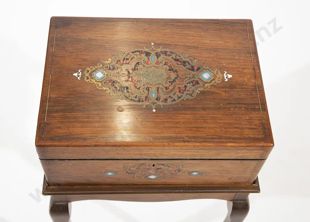 Victorian Rosewood Tortoiseshell & Brass Inlaid Sewing Box Image 1++