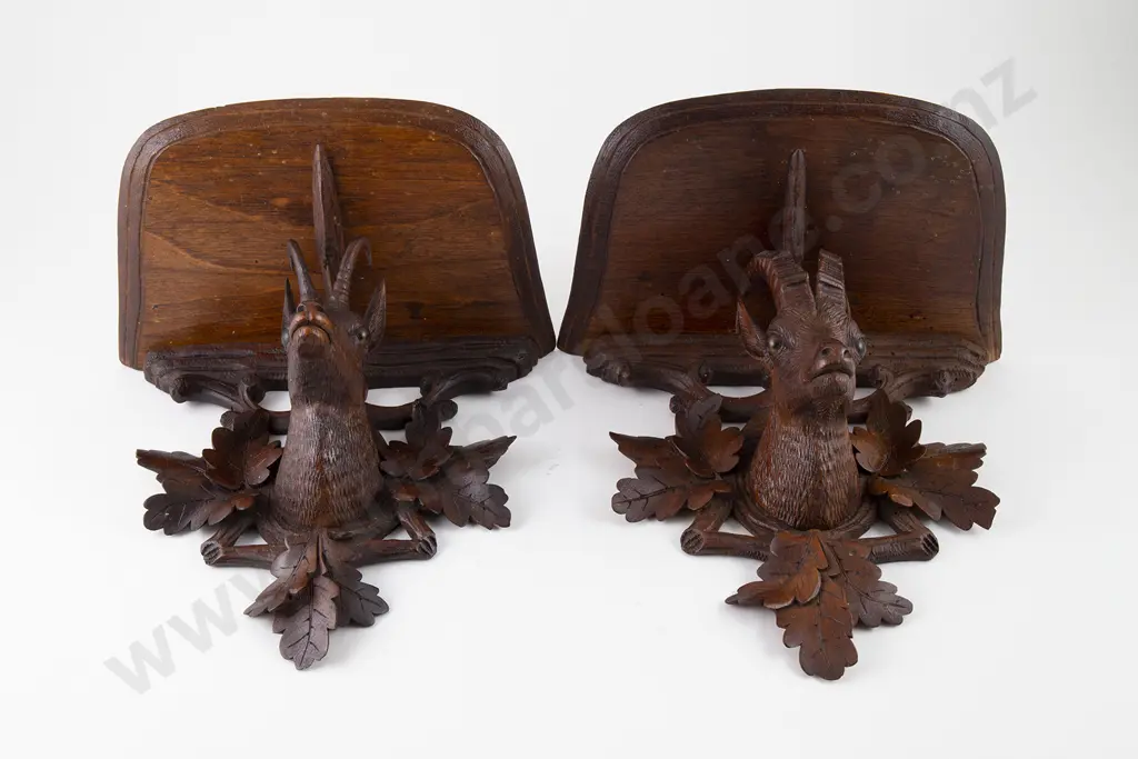 Pair Late C19th Black Forest Carved Wooden Wall Brackets Image 1++