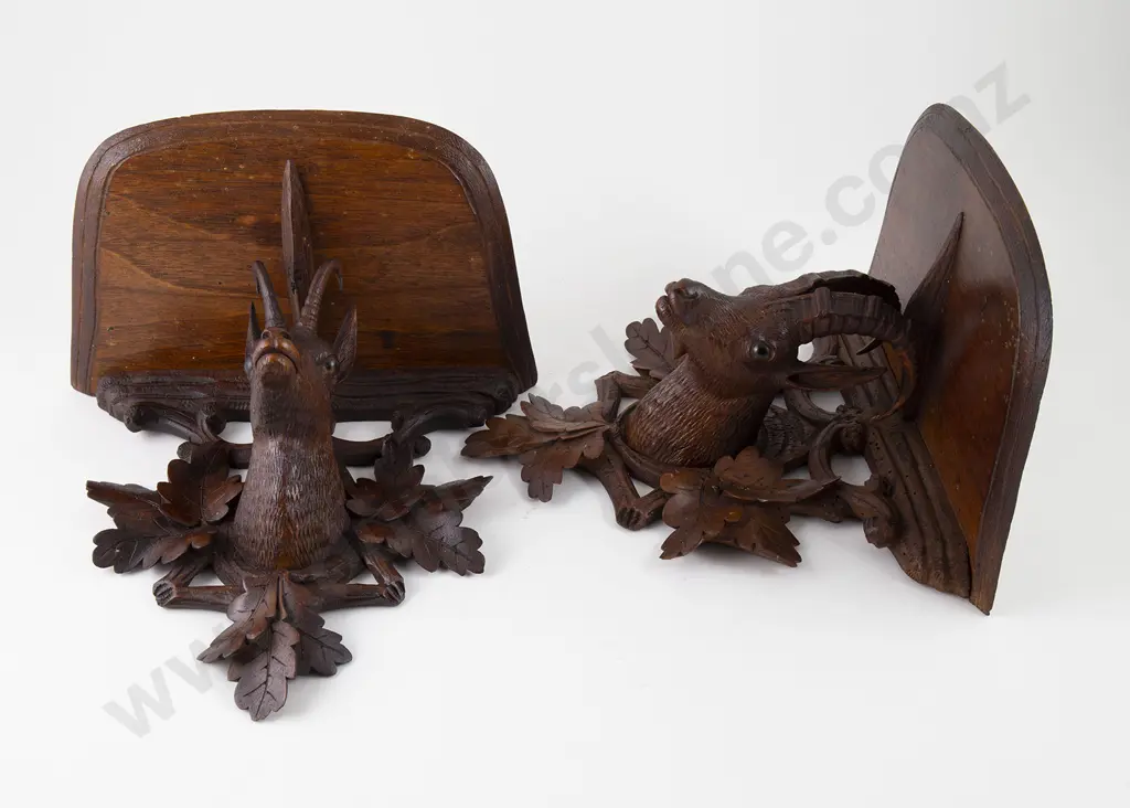Pair Late C19th Black Forest Carved Wooden Wall Brackets Image 1++