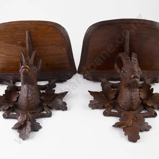 Pair Late C19th Black Forest Carved Wooden Wall Brackets
