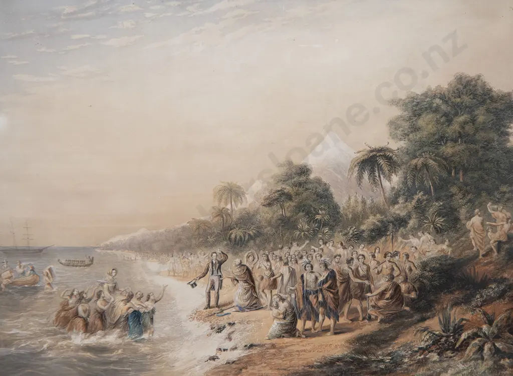 George Baxter (after) - Rev J Waterhouse and Missionaries Landing Taranaki NZ Image 1++