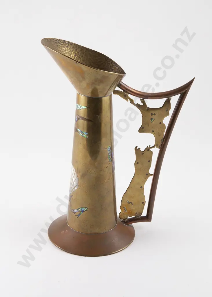 Interesting NZ Paua Shell & MOP Inlaid Copper & Brass Jug Image 1++
