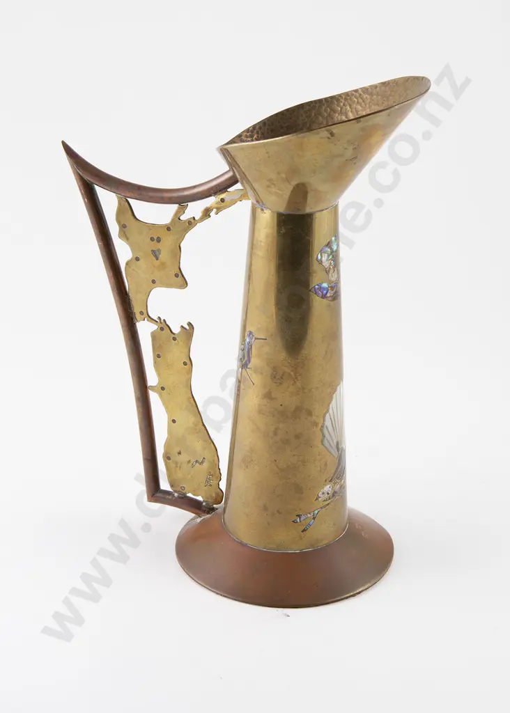 Interesting NZ Paua Shell & MOP Inlaid Copper & Brass Jug Image 1++