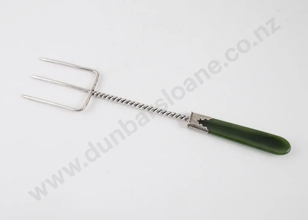 Unmarked NZ Greenstone Handled Silver Bread Fork Image 1++