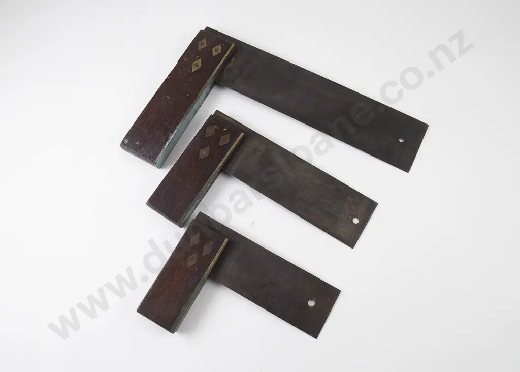 From the Family Studio of Anton Teutenberg: Graduated Three c1880 Rosewood Brass Inlaid Set Squares Image 1++
