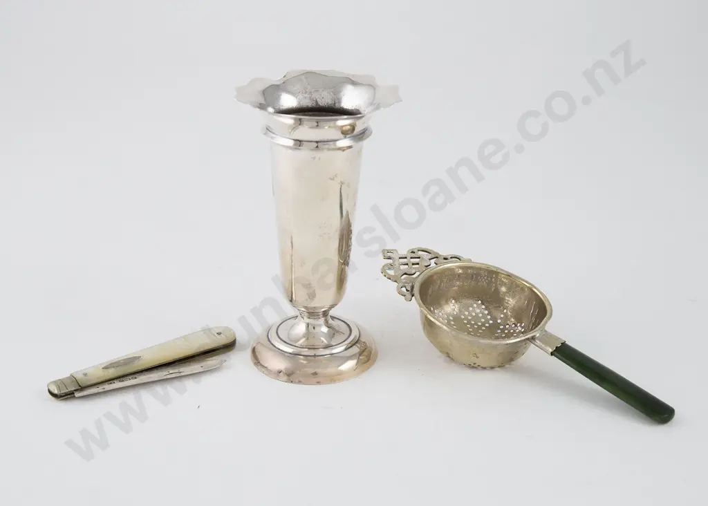 Small S/S Specimen Vase, S/S Bladed MOP Fruit Knife & S/P Tea Strainer Image 1++