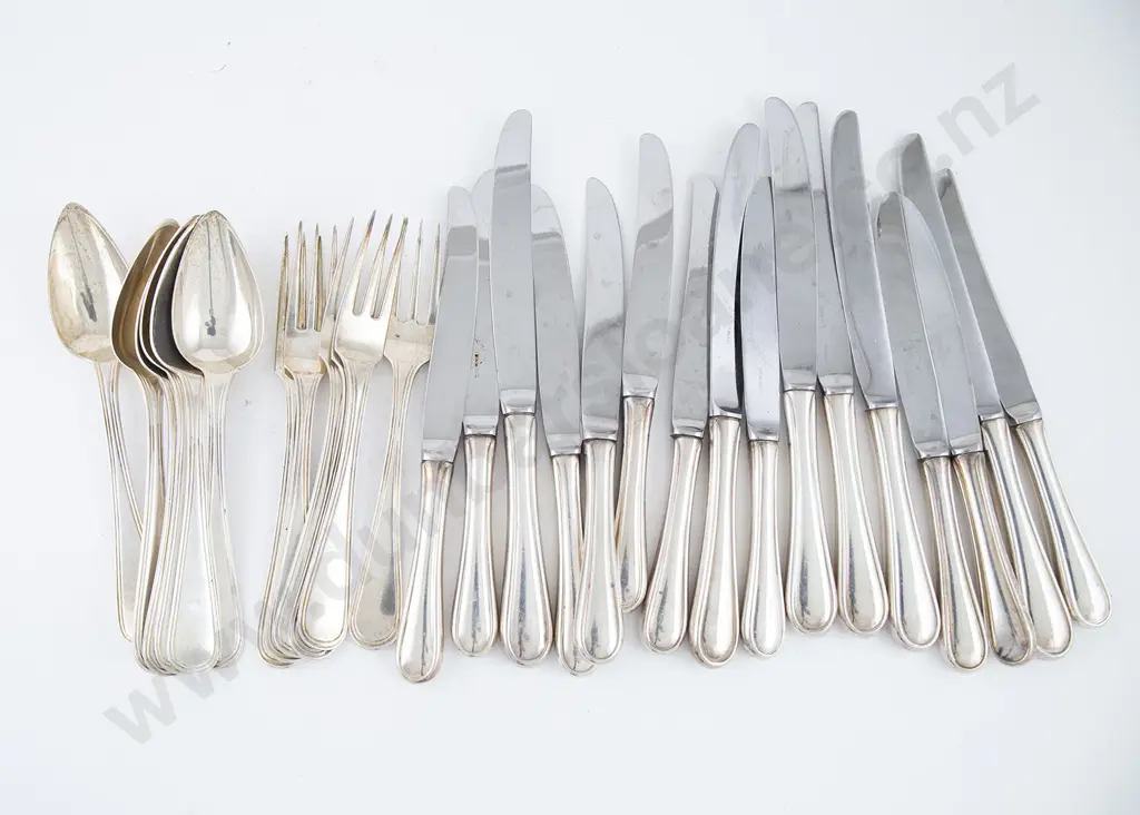 Set Six Dutch Silver Dessert Spoons with Six Matching Forks & 18 Similar Pattern Knives Image 1++