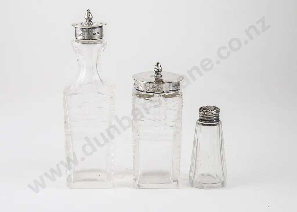 Three S/S Topped Cut Glass Bottles & Jars Image 1++