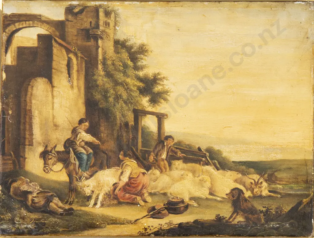 Late C18th/Early C19th European School - Shepherds & Their Flock Resting By A Ruin Image 1++