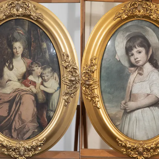 Pair Of Gilt Framed oval Prints After Sir Joshua Reynolds & George Romney