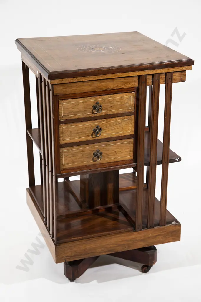 Late Victorian Rosewood and Inlaid Revolving Bookcase Image 1++